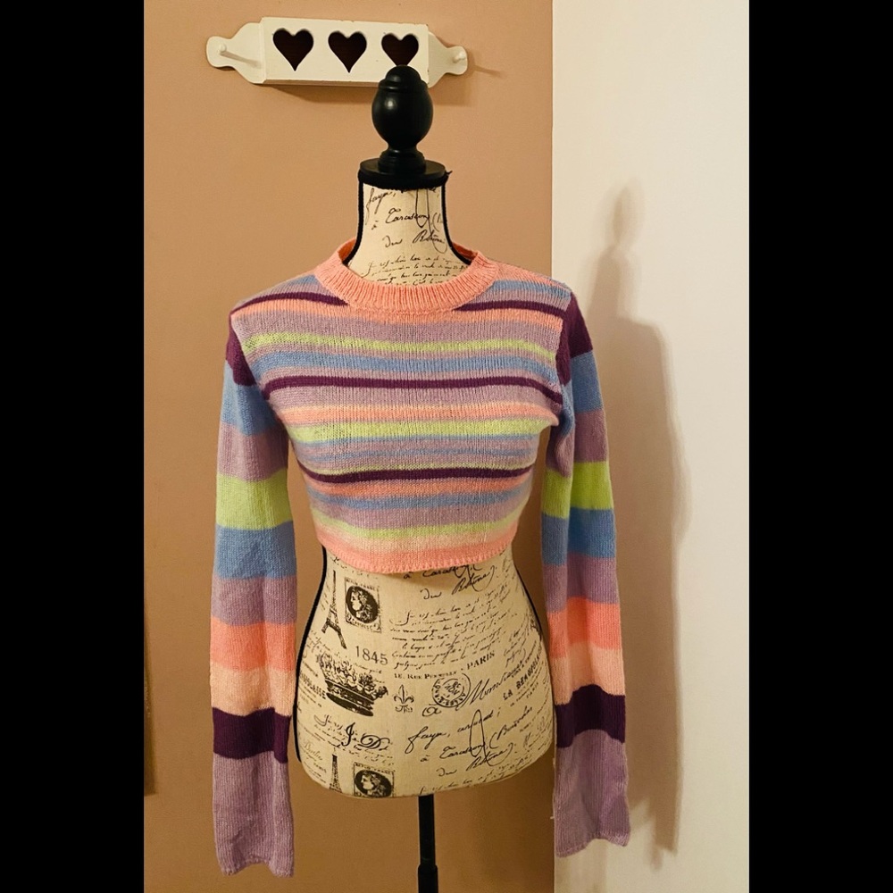 Crop tee Sweater Sugar Thrillz Rainbow Sadie Hawkins Striped Size S
